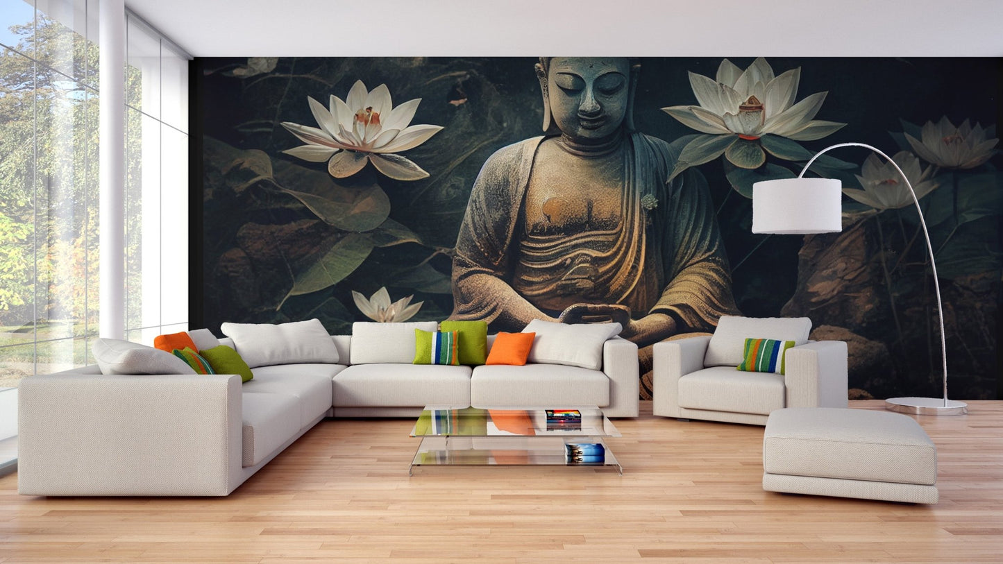 Lotus pond buddha wallpaper in earthy tones and tranquil setting.