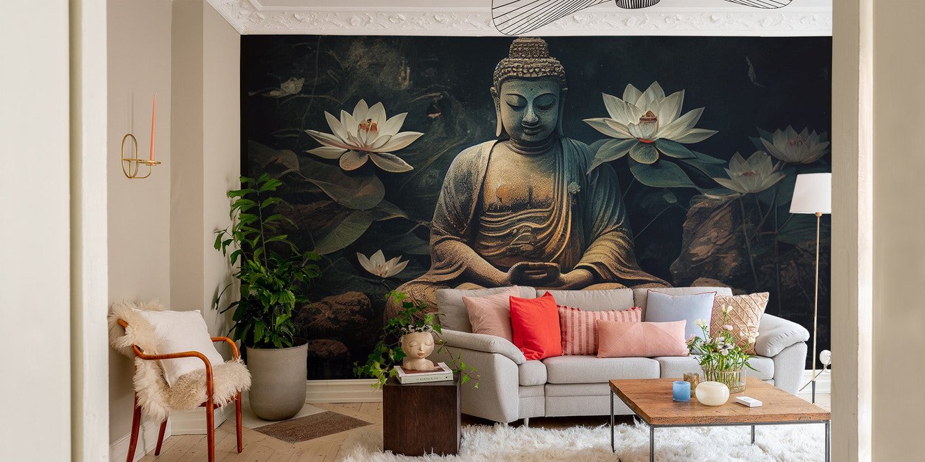 Buddha wall mural with floating lotus and dark green backdrop.