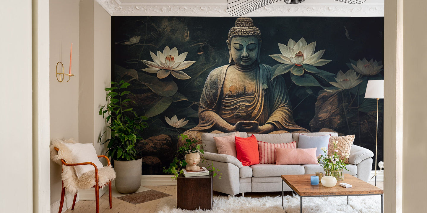 Buddha wall mural with floating lotus and dark green backdrop.