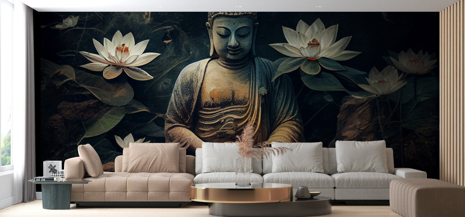 Serene buddha lotus wall mural with calm water and white lotus flowers.