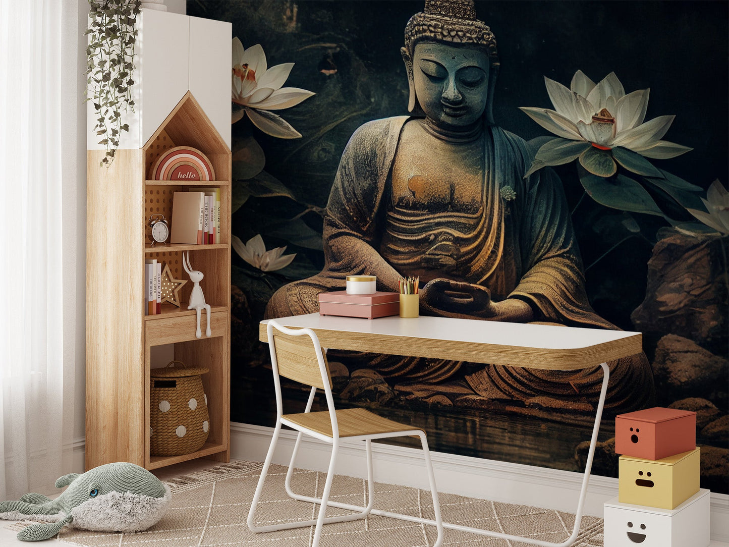 Spiritual buddha wall mural with white lotus blooms and rocks.