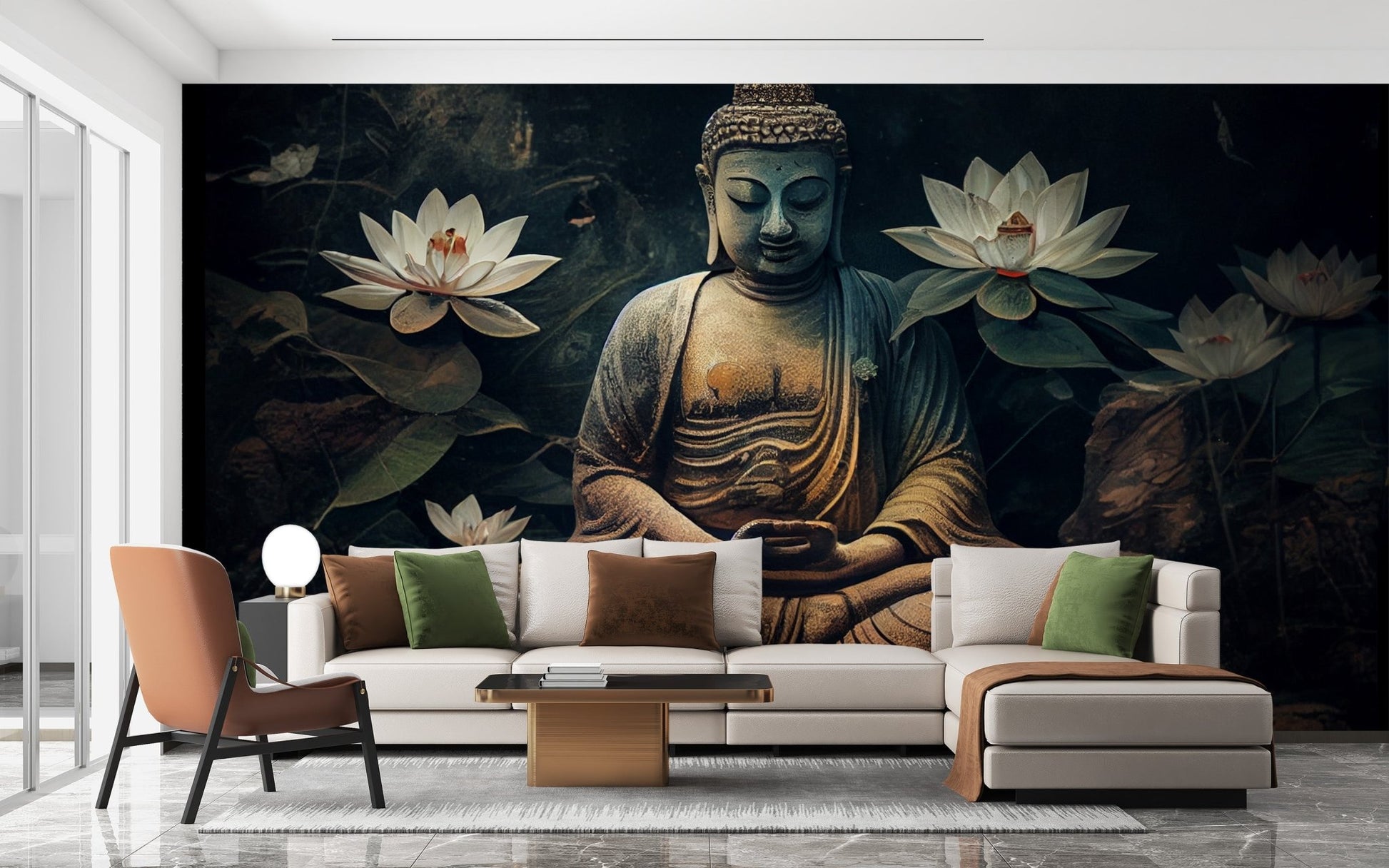 Zen inspired buddha wallpaper with reflective water surface.