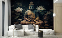 Meditation buddha wallpaper with lotus flowers and shadowed pond.