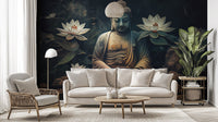 Stone buddha meditation wall mural with soft golden lighting.