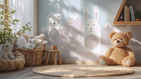 Cartoon cat and bunny alpine wallpaper in muted modern colors.