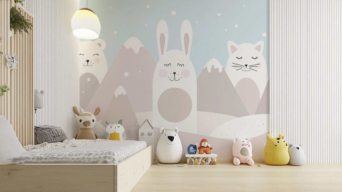 Cute cat, bear and rabbit mountain scene wall mural in soft blue tones.