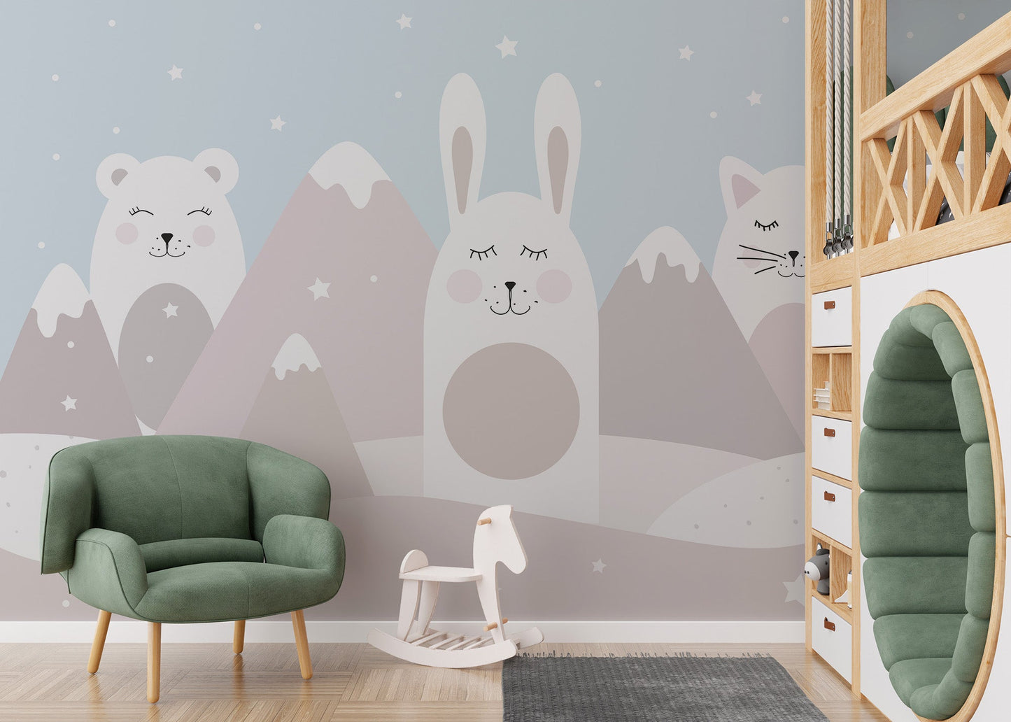 Minimal animal peaks wall mural in blush and grey color palette.