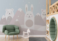 Minimal animal peaks wall mural in blush and grey color palette.