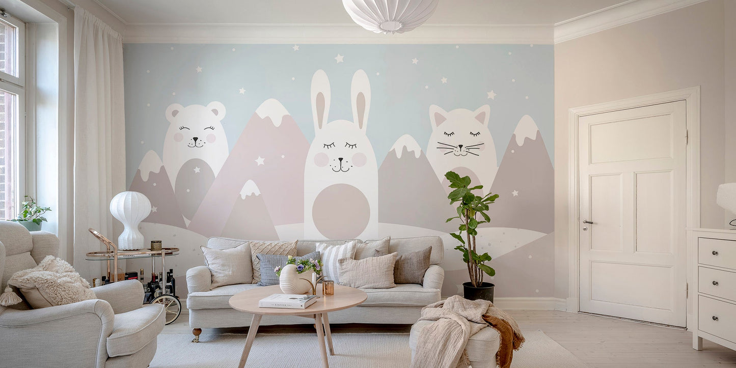 Minimal kids animal peaks wallpaper with bear and rabbit design.
