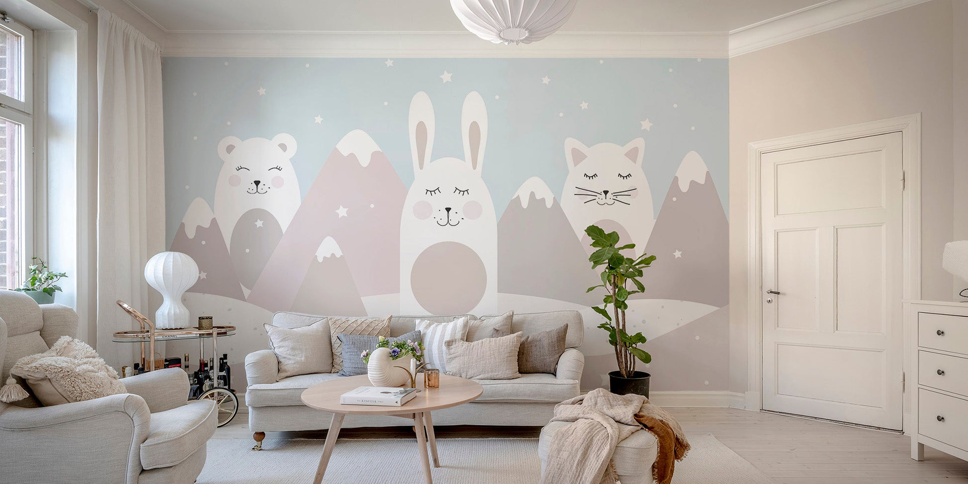 Minimal kids animal peaks wallpaper with bear and rabbit design.