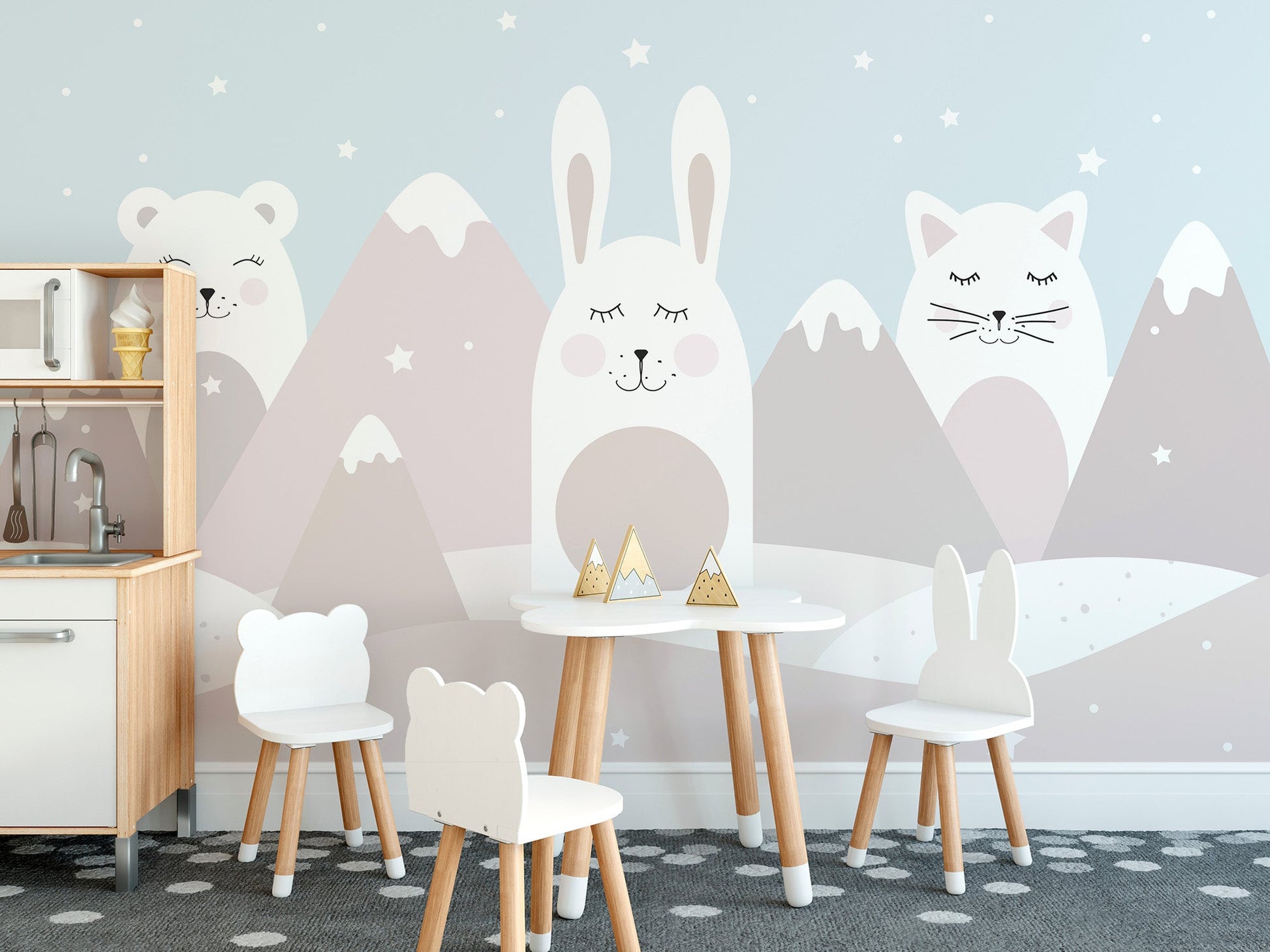 Modern pastel wildlife mountain wall mural with subtle tones.