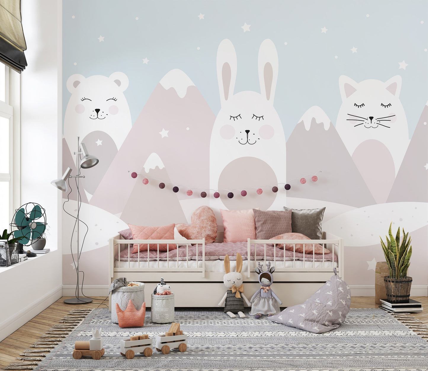 Dreamy mountain animals wall mural with snowy peaks and stars.