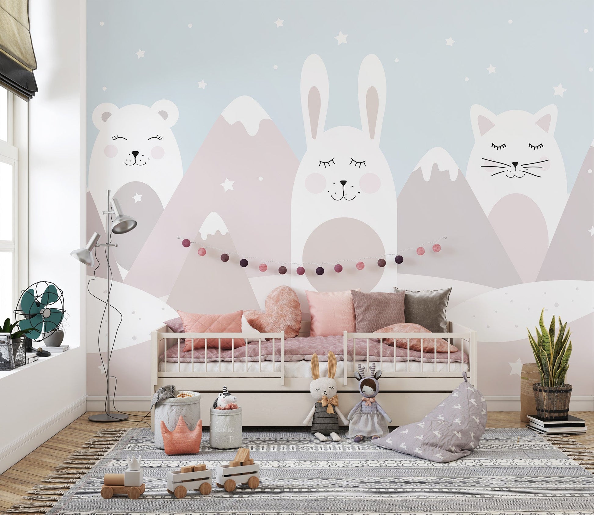 Dreamy mountain animals wall mural with snowy peaks and stars.