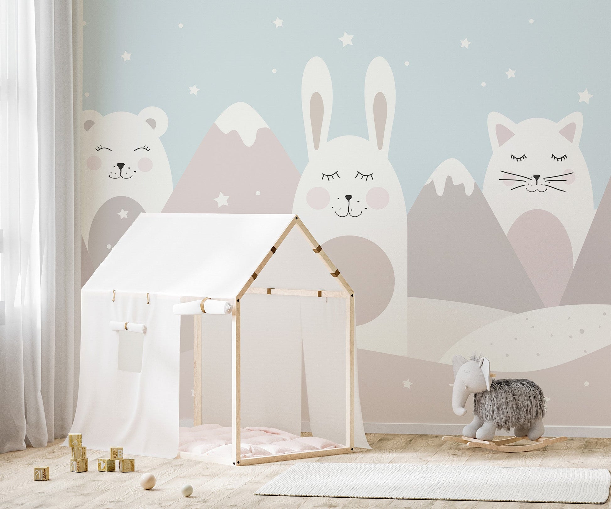 Soft pastel woodland creature wallpaper with layered hills.