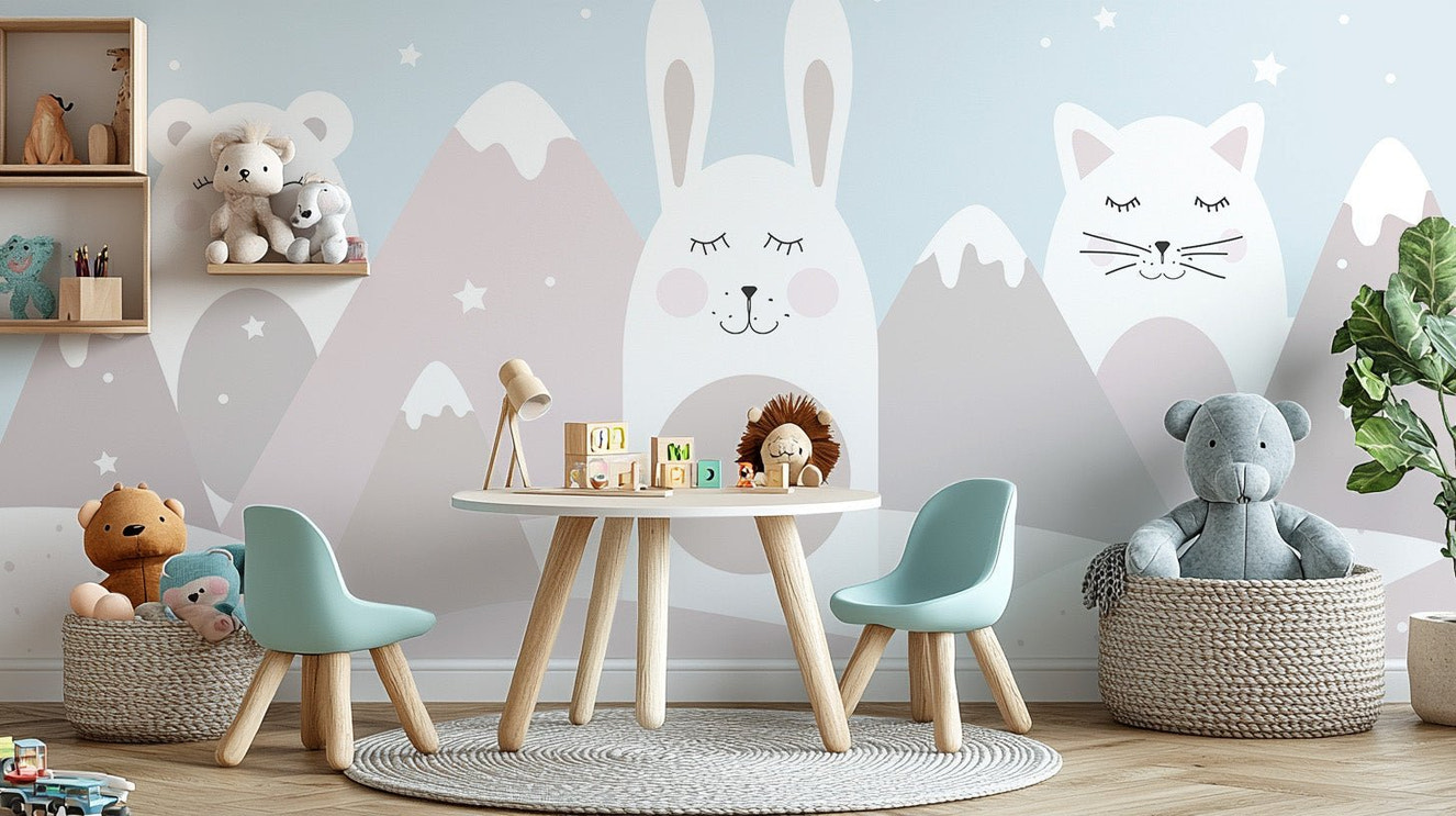 Serene peaks mountain wall mural featuring cat and bear illustration.