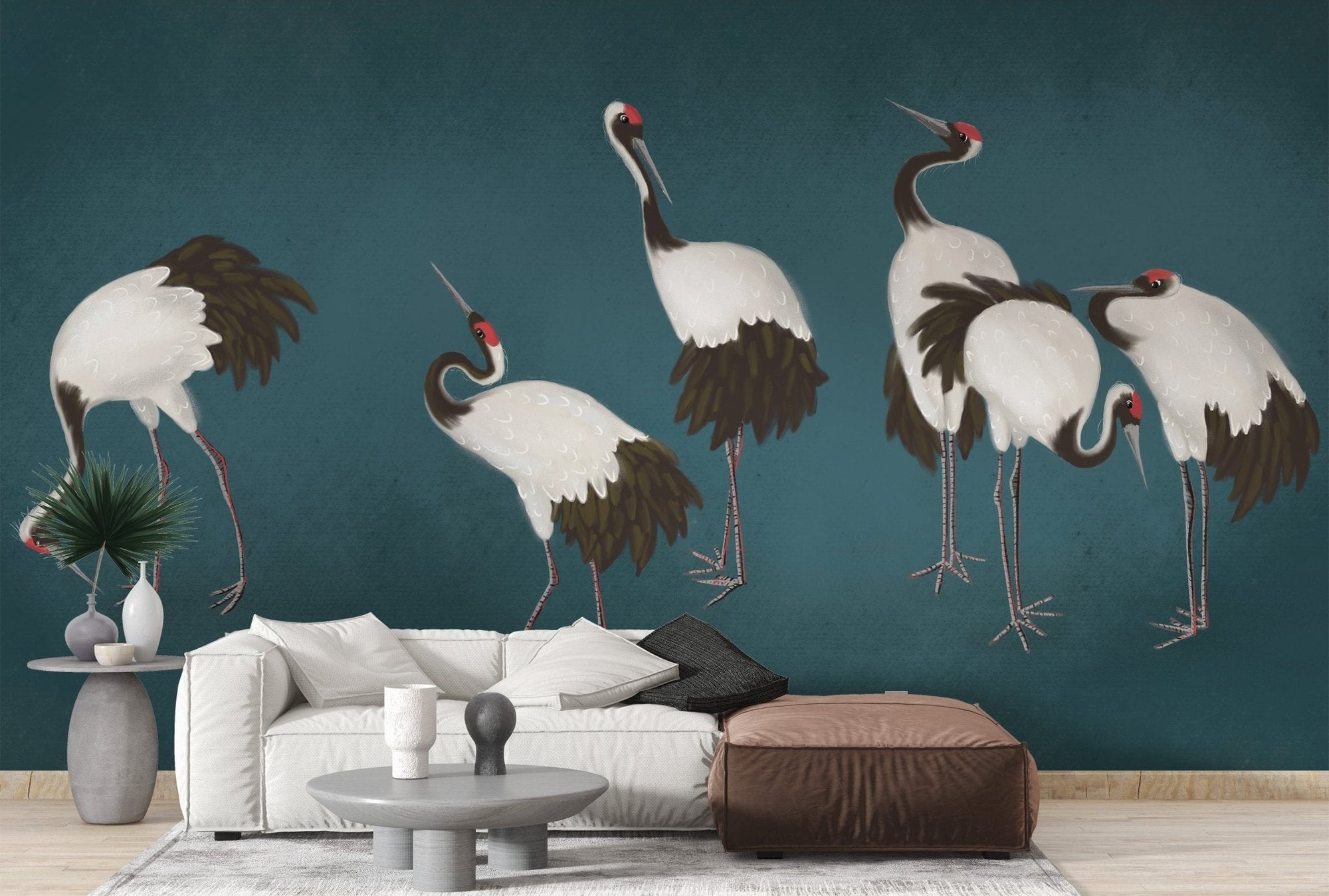 Artistic bird wallpaper mural featuring standing cranes in soft tones.