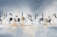 Blue and gold crane wall mural spanning a large interior feature wall.