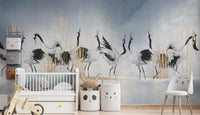 Serene Crane Reflections Wall Mural in a nursery with a white crib.