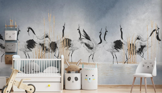 Serene Crane Reflections Wall Mural in a nursery.
