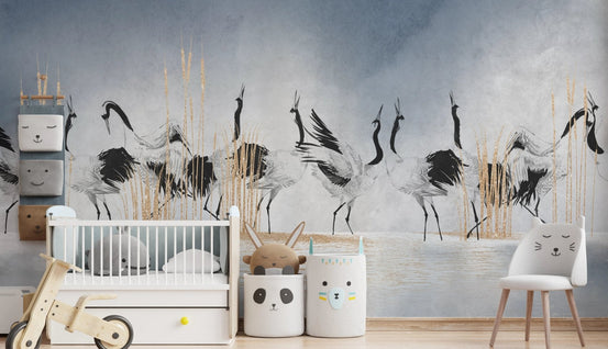Serene Crane Reflections Wall Mural in a nursery.