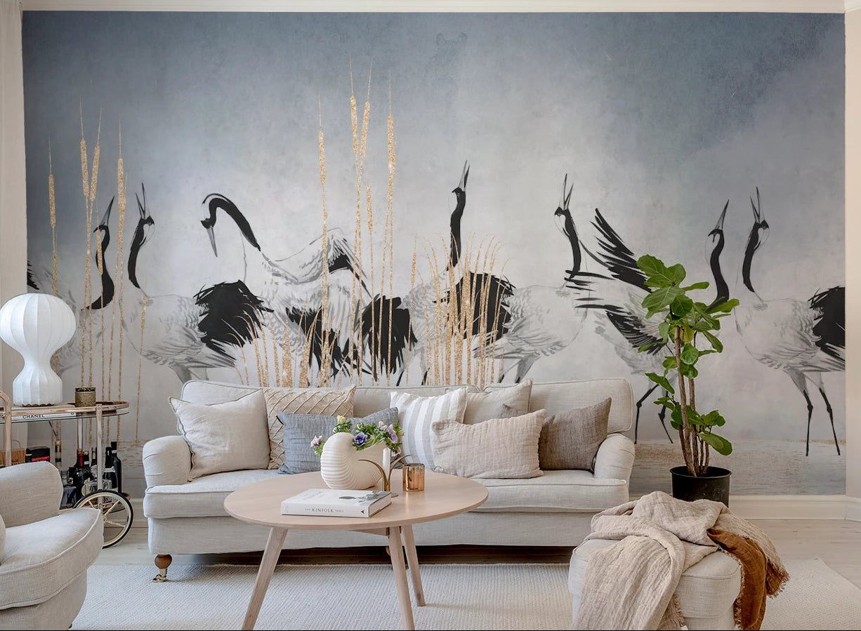 Artistic crane bird wall mural in a contemporary living room with white furniture.