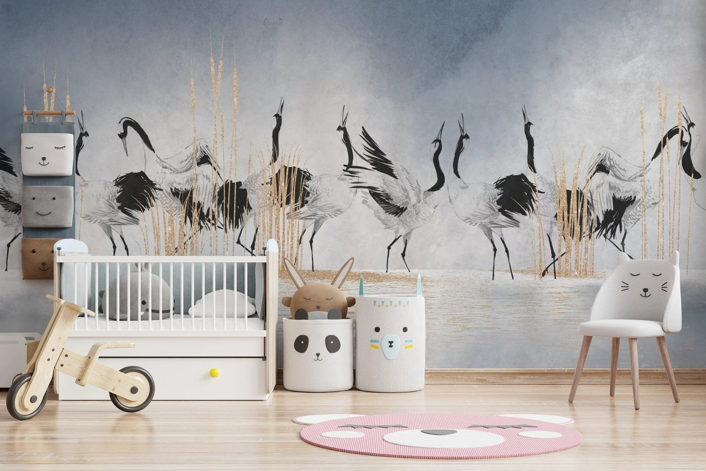 Detailed crane wall mural in a bright nursery with wooden toys.