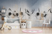 Detailed crane wall mural in a bright nursery with wooden toys.