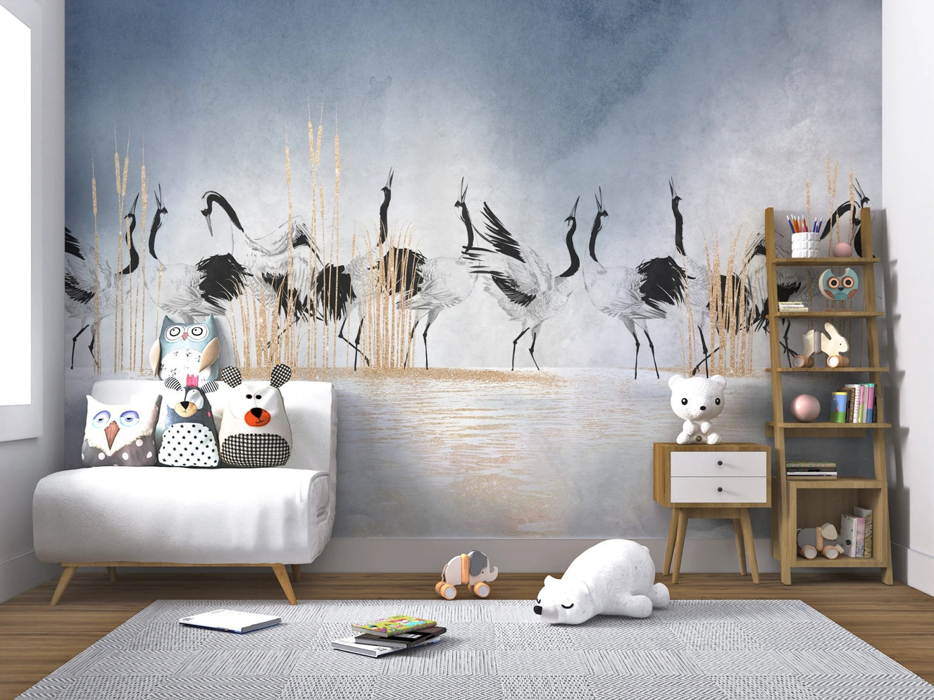 Grey and blue crane wall mural behind a white sofa and wooden shelf.