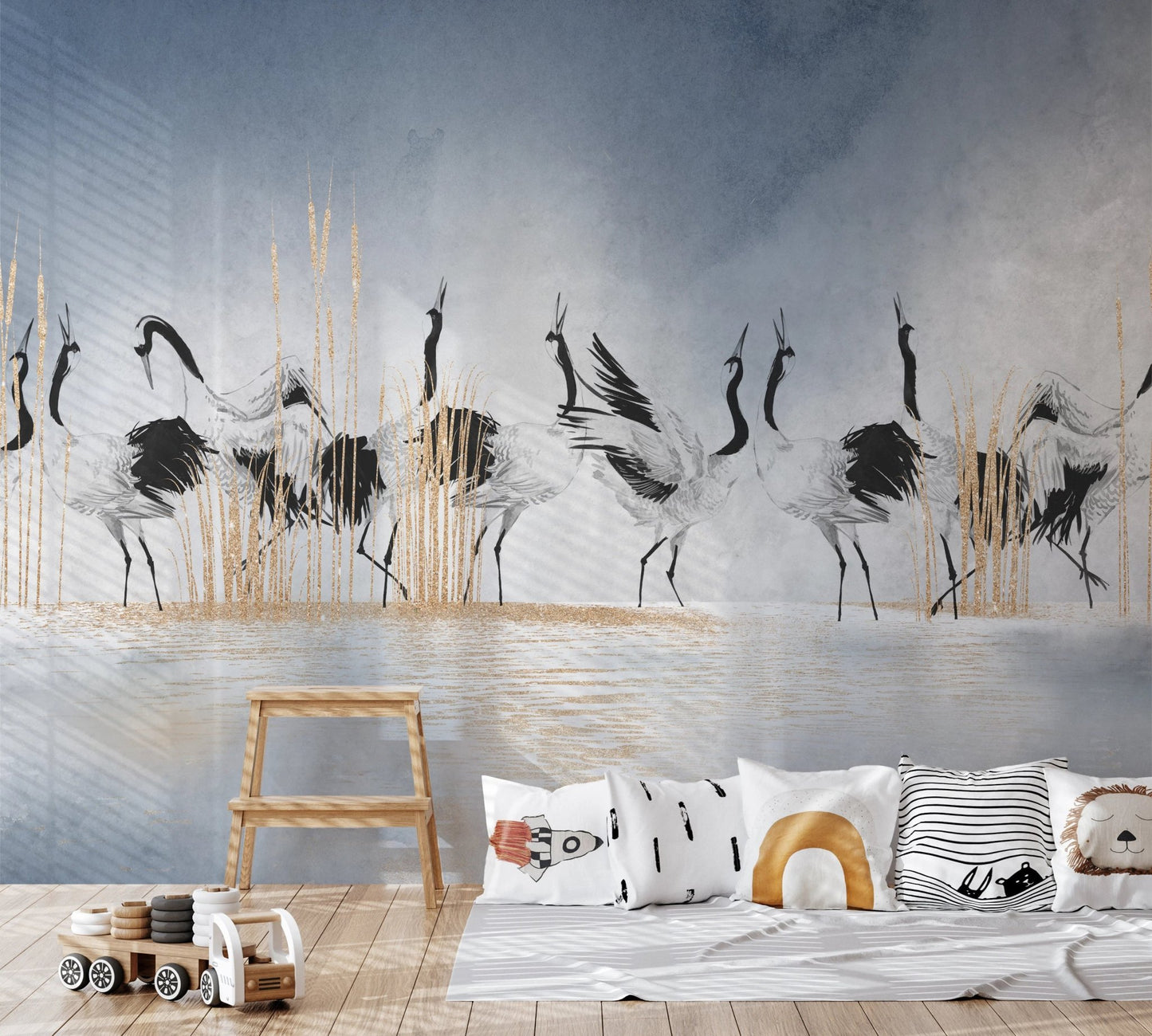 crane themed wall mural above a low wooden bench and white floor.