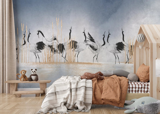 Minimalist crane bird wall mural in a child's bedroom.