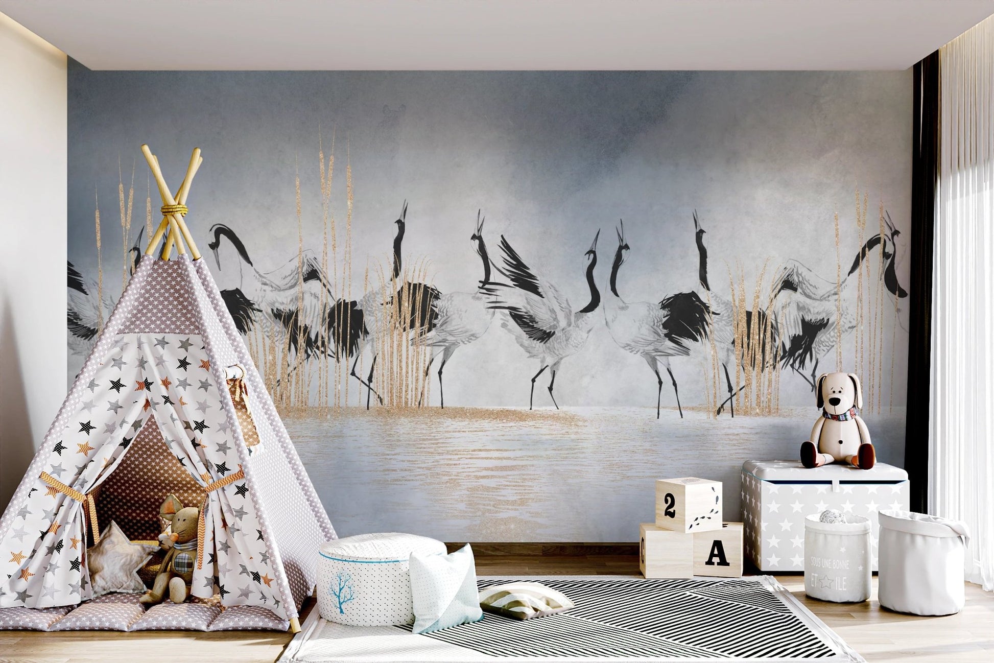 Serene Crane Reflections Wall Mural in a kids play area with a teepee.