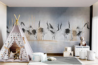 Serene Crane Reflections Wall Mural in a kids play area with a teepee.