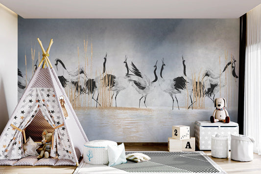 Serene Crane Reflections Wall Mural in a kids play area.