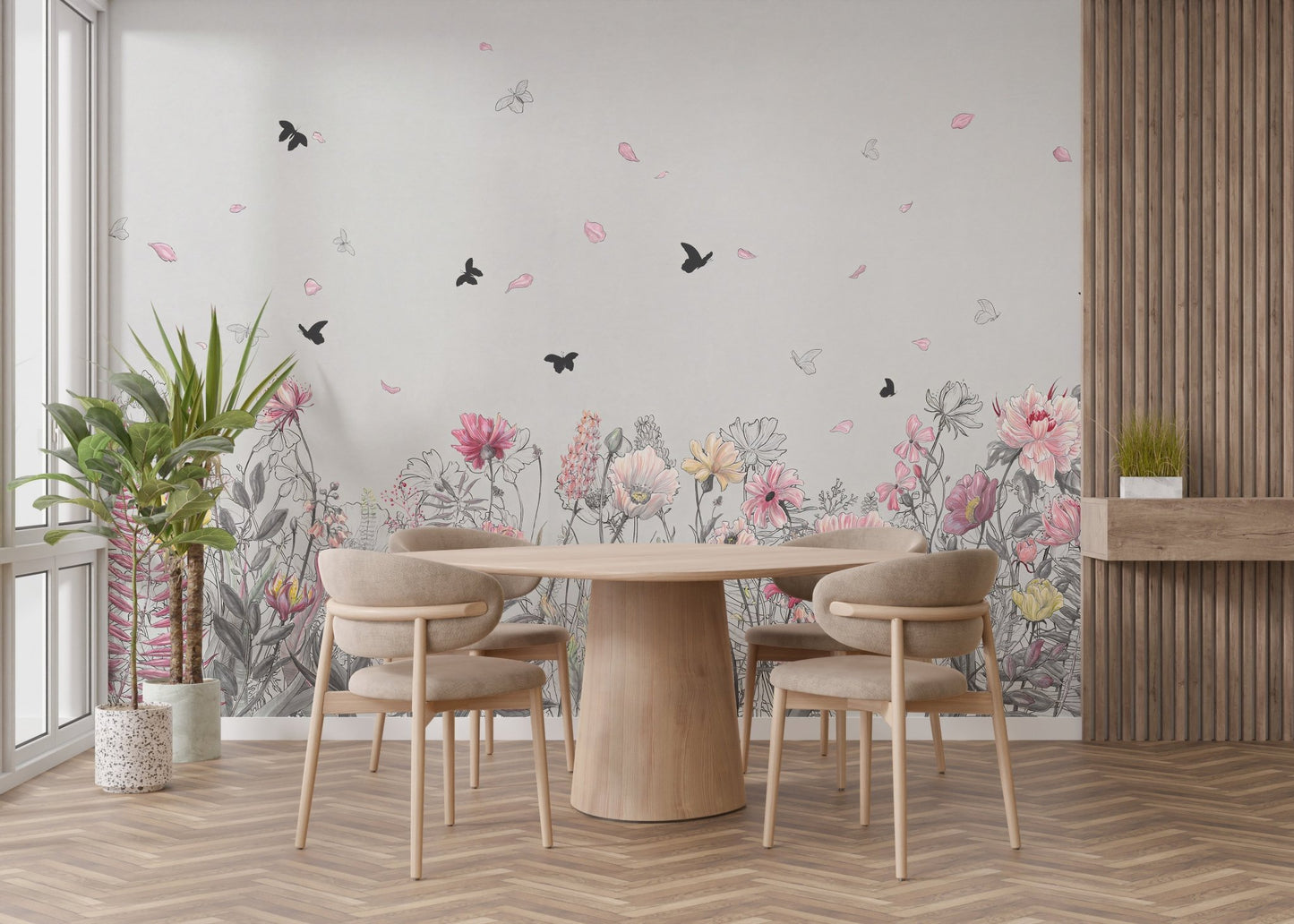 Neutral dining space featuring Serene Floral Orchard Wall Mural