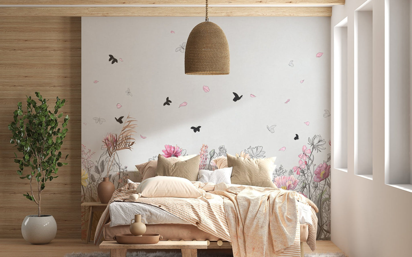 Serene Floral Orchard Wall Mural behind a wooden bed frame in a bright room
