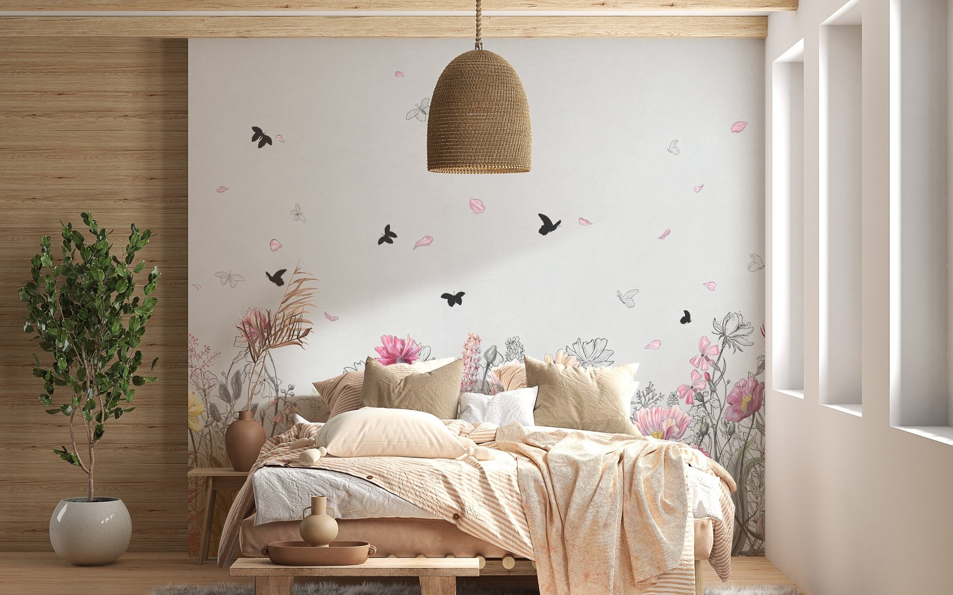 Serene Floral Orchard Wall Mural behind a wooden bed frame in a bright room