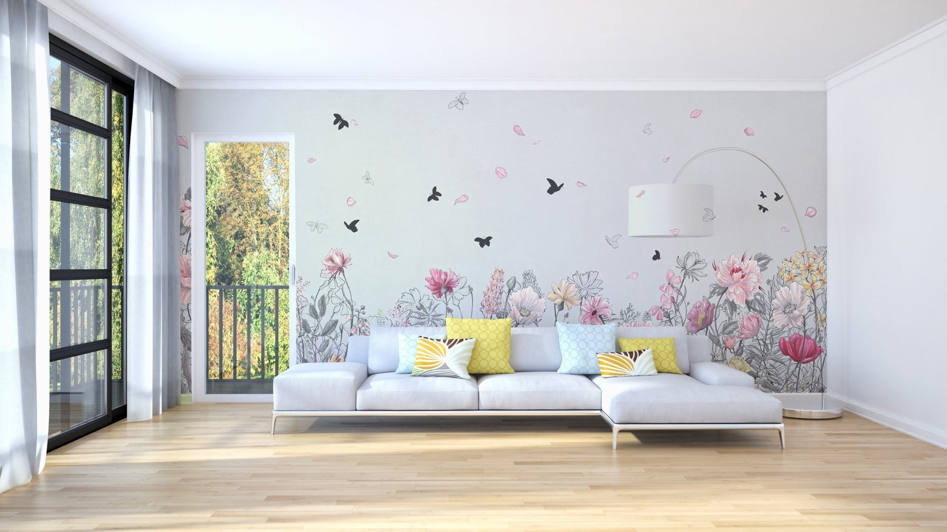 Minimalist living with Serene Floral Orchard Wall Mural and yellow pillows.