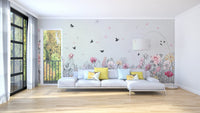 Minimalist living with Serene Floral Orchard Wall Mural and yellow pillows.
