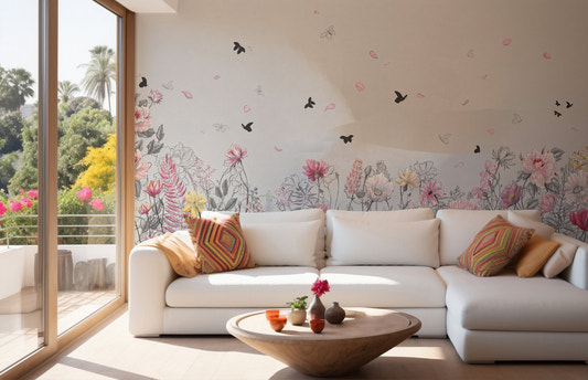 Serene Floral Orchard Mural on living room wall.
