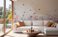Serene Floral Orchard Mural on living room wall.