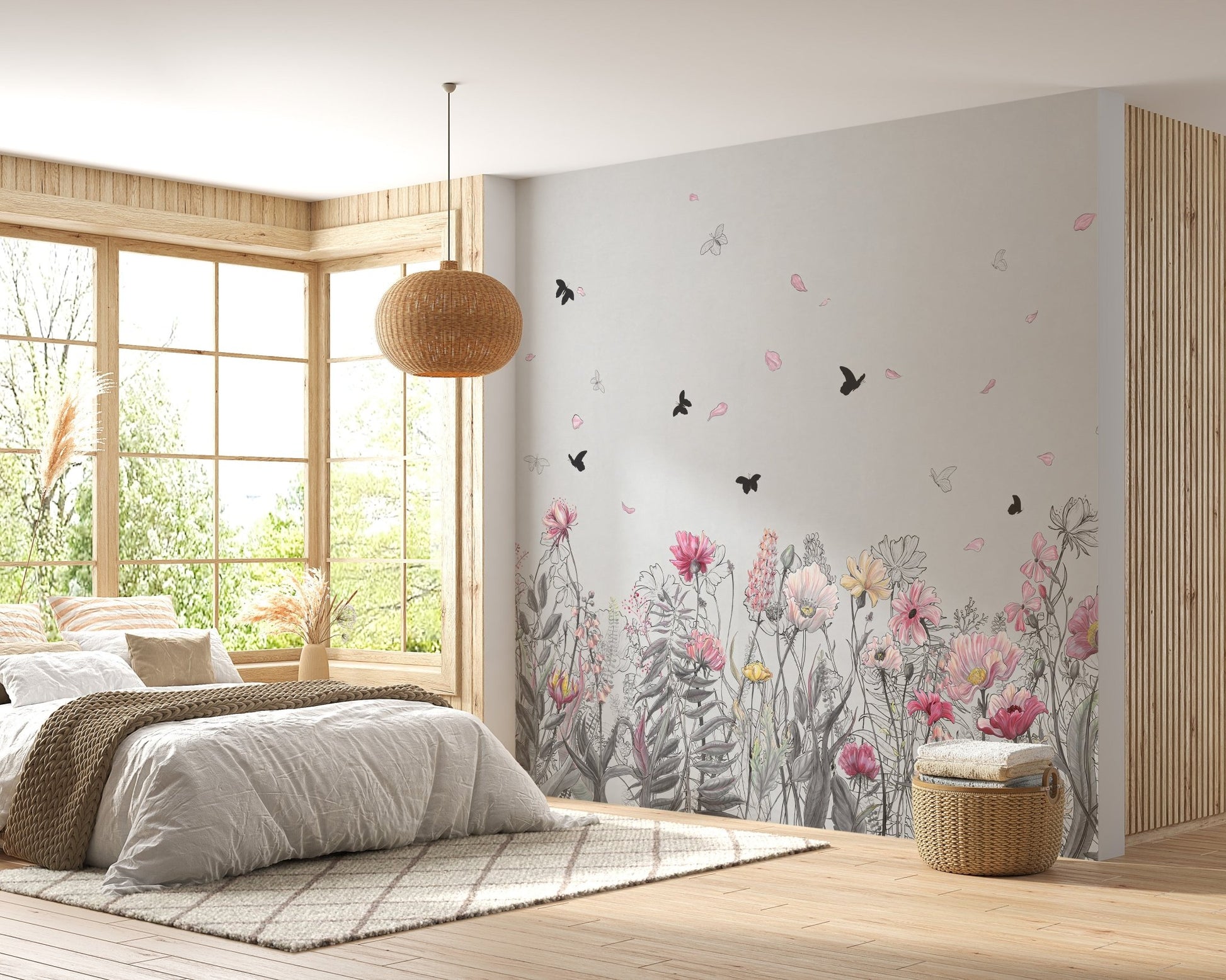 Sunlit bedroom wall mural with pink floral art and natural wood furniture.