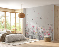 Sunlit bedroom wall mural with pink floral art and natural wood furniture.