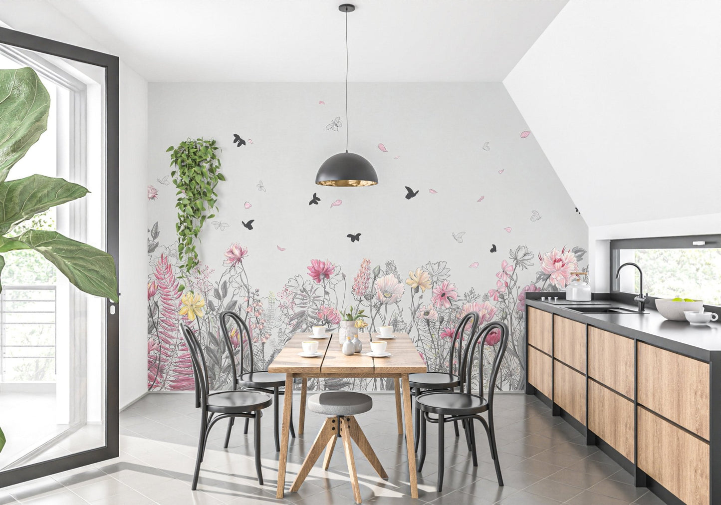 Dining room mural with floral orchard theme and black chairs on wooden floor