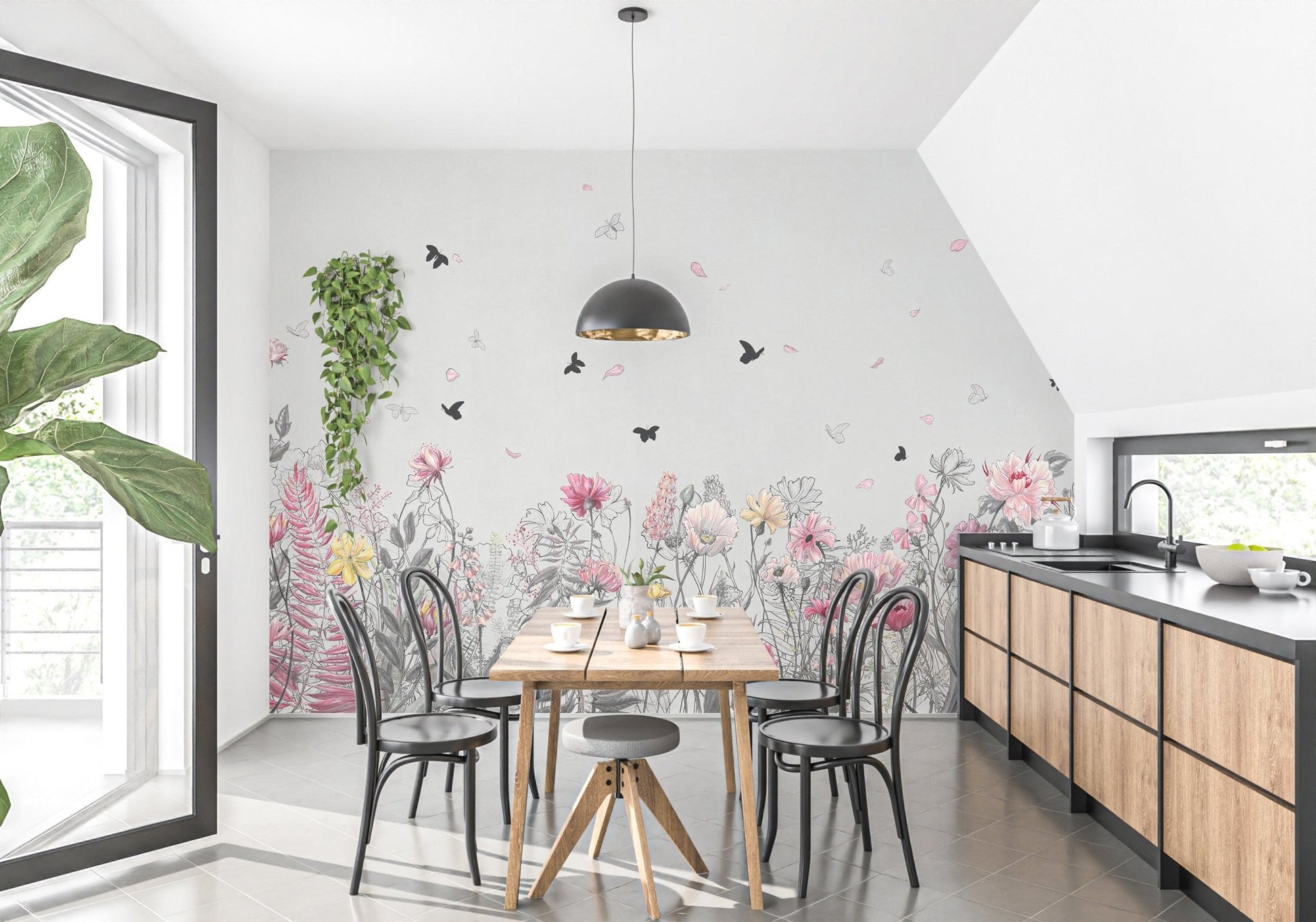 Dining room mural with floral orchard theme and black chairs on wooden floor