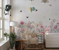 Nursery wall mural with floral sketches and butterfly patterns.