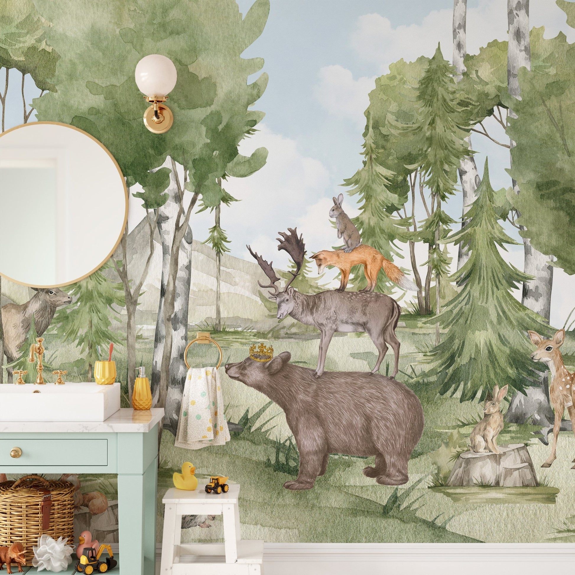 Forest animal wall mural in earthy green color shades.
