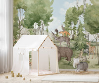 Woodland panorama wall mural with rabbit fox and deer artwork.