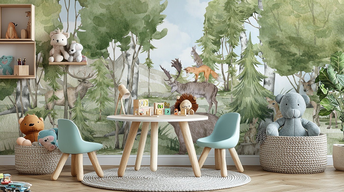 Illustrated forest fauna wall mural with trees and mountain backdrop.