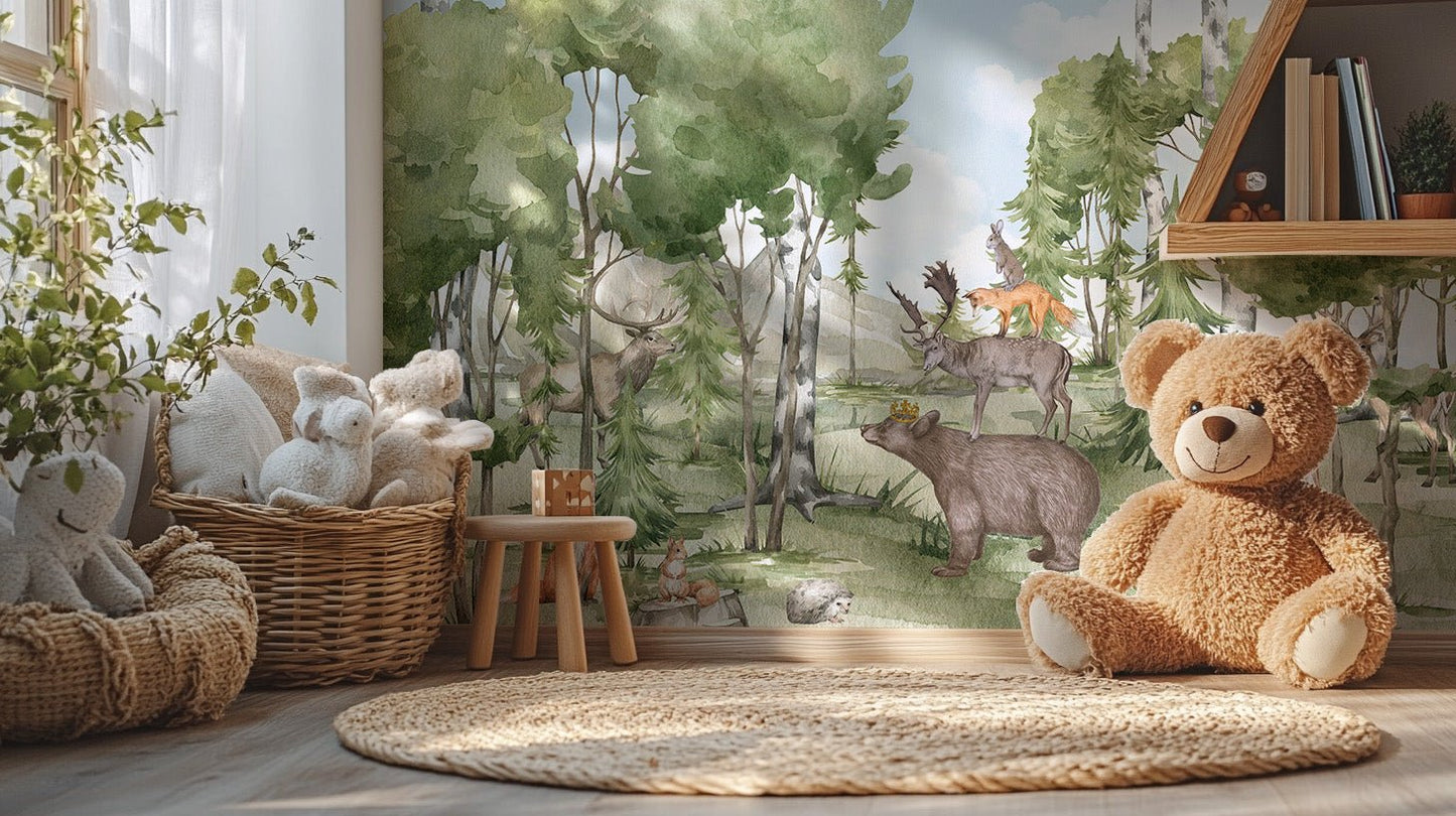 Watercolor forest animal wall mural in soft green tones.