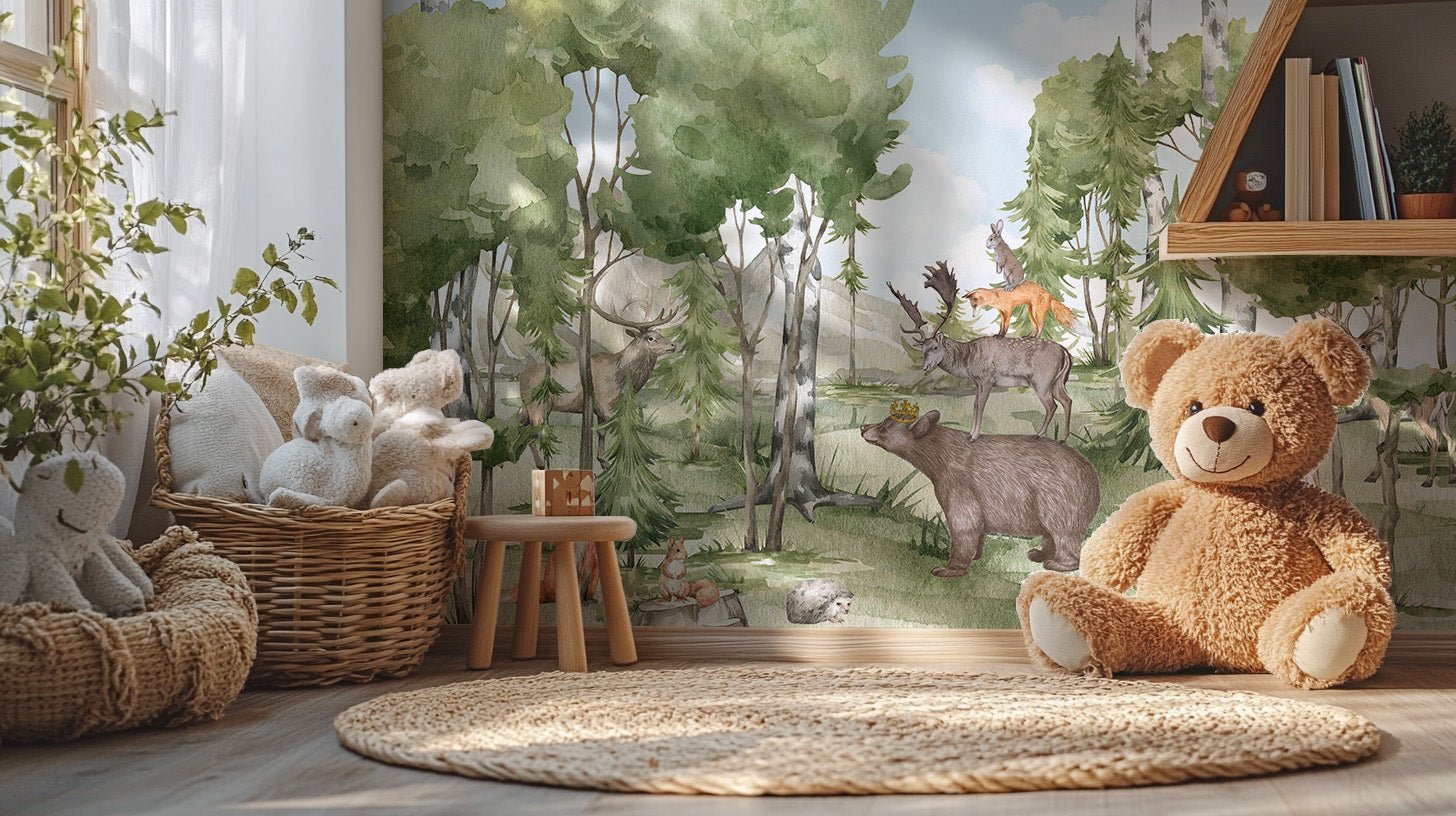 Watercolor forest animal wall mural in soft green tones.